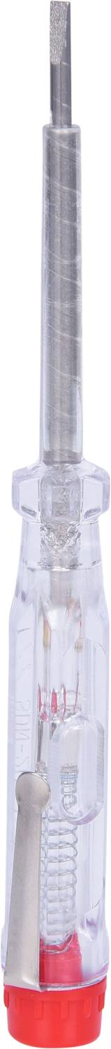 A transparent voltage tester with a red end and metal tip for checking electrical circuits.