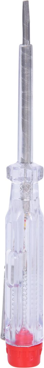 A transparent phase tester with a red handle. Primary purpose: checking electrical voltage.