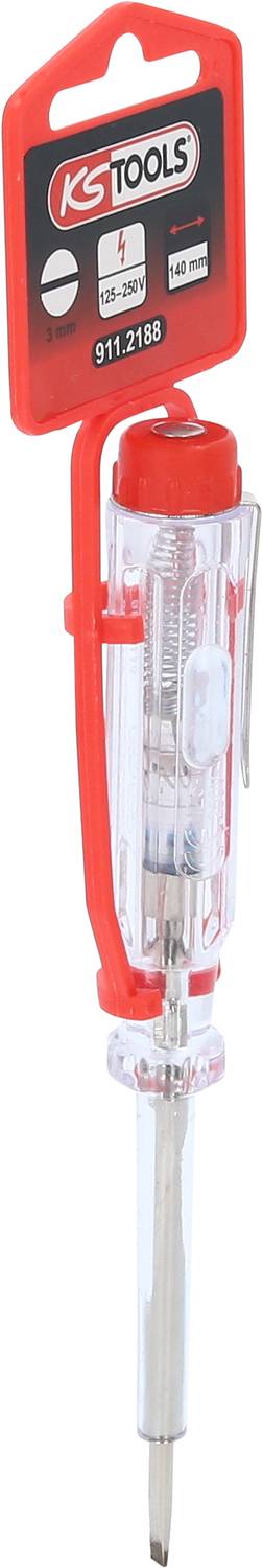 Voltage tester with a red handle and transparent casing, indicating electrical voltage. Upper section displaying logo and product number visible.