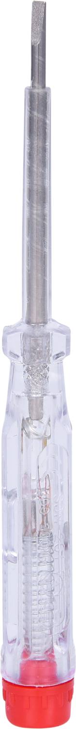 A transparent screwdriver with a red handle end and metallic tip.