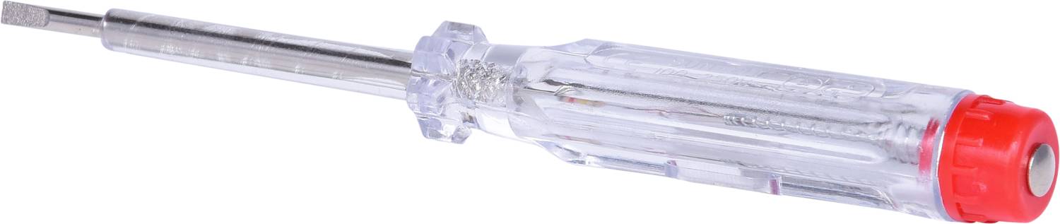 A transparent screwdriver with a red end, suitable for slotted screws.