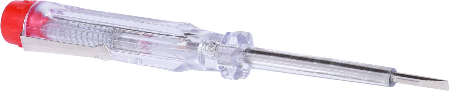 A voltage tester with a clear, plastic-insulated handle and metal tip, used for checking electrical voltage.