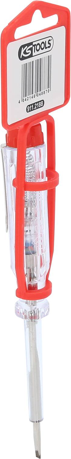 Electrical voltage tester in a red mounting with a transparent casing, displaying a voltage test wave, suitable for testing electrical voltages.