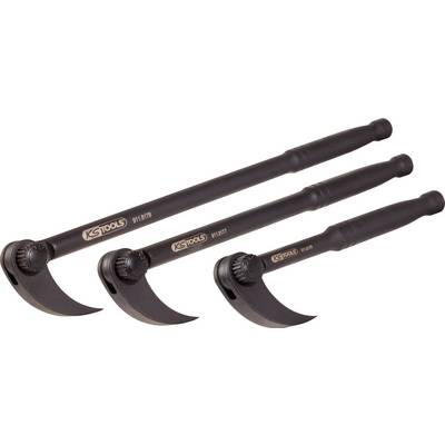 Three crowbars of different lengths are laid side by side. They have a handle and a curved head for lifting or leveraging.