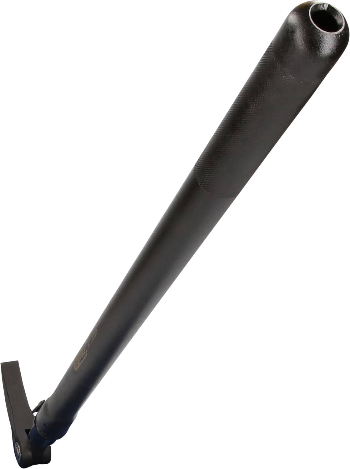 A black crowbar with a long handle and flattened end, used for levering objects.