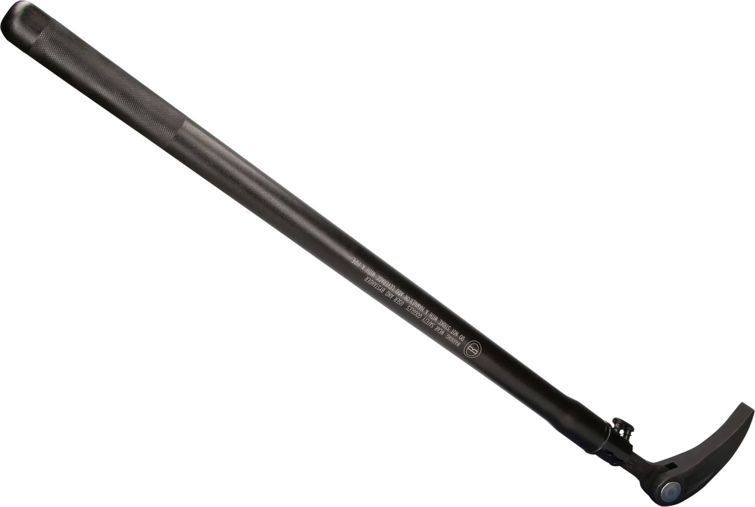 Black crowbar with a long handle and curved end. Used for levering and forcing open objects such as doors or crates.