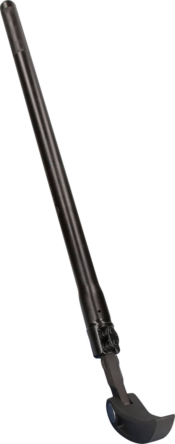 A black bar with a curved end shaped like a hook. It appears to be a tool, most likely a crowbar.