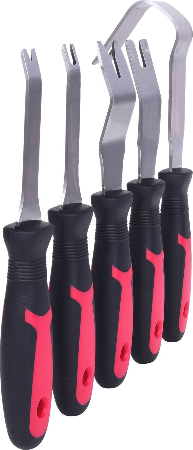A set of five upholstery removal tools with black and red handles, featuring metal tips of varying shapes for levering work.