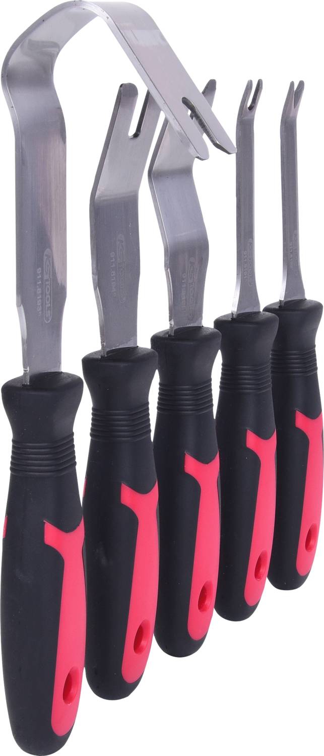 Four metal tool levers with red and black handles, arranged side by side. Used for removing fastening elements.