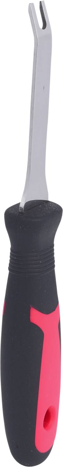 A screwdriver with a red and black handle. The shaft has a curved, flat tip.