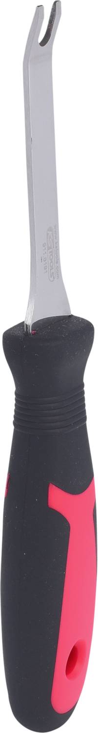 A black and red plastic-handled holder with a bent and flat metallic end, possibly a tool.