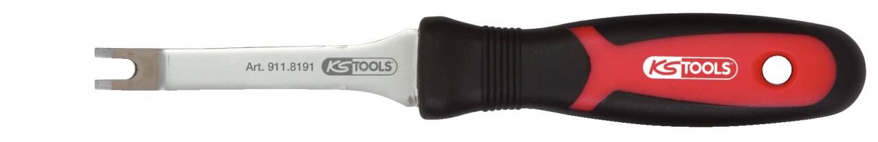 A red and black plastic clip removal tool with a metal head by KS Tools, used for releasing fastening elements.
