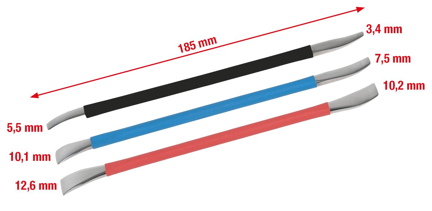 Three spudger tools in Black, Blue and Red with dimensions. Length 185 mm, Widths 3.4 mm, 5.5 mm, 7.5 mm, 10.1 mm, 10.2 mm, 12.6 mm.