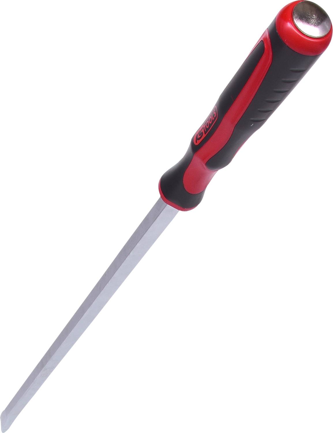 A long, slender knife with a red and black handle, typically used for filleting fish or meat.