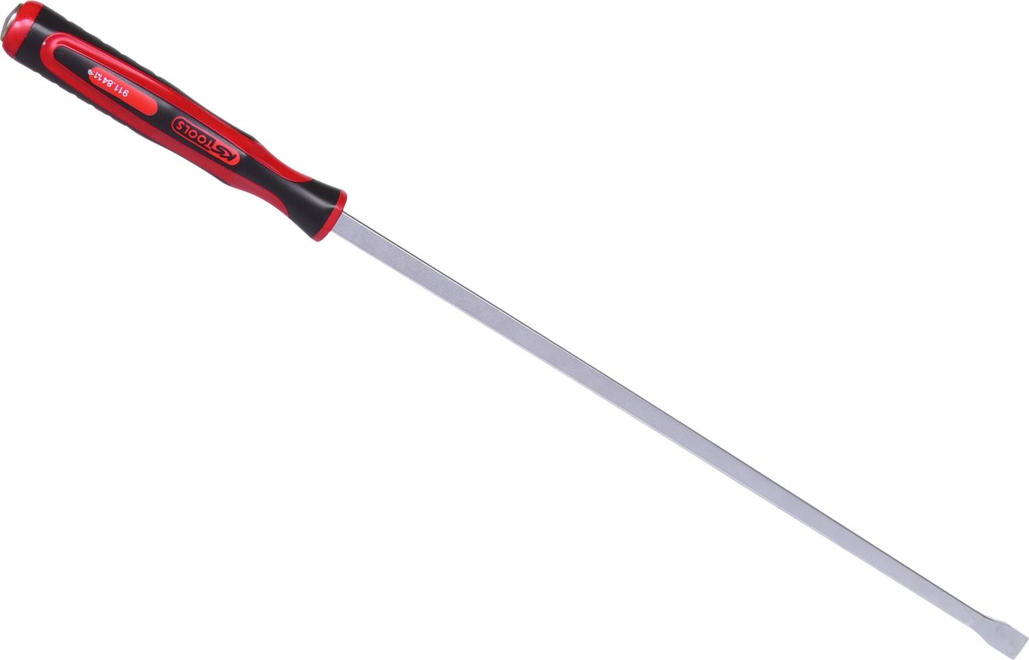 File with red and black handle, long, slender metal shaft. Suitable for fine grinding or processing materials.