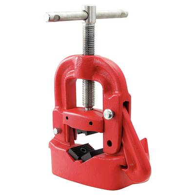A red pipe cutting machine with a T-shaped handle and adjustment screws for securing pipes.