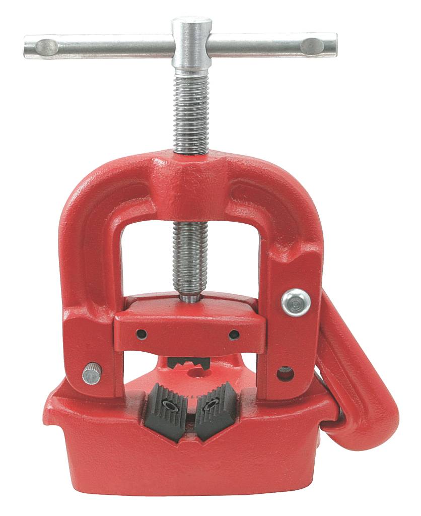 Red vice used for holding workpieces during machining. The handle is silver, the mounting bracket black.