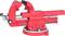 A red metal vice on a white background. The vice has a solid base and adjustable jaws for holding objects.