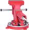 Red bench vice with rotatable base and strong clamp. Suitable for workshop tasks to securely fasten workpieces.