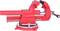 Red G-clamp on a white background. It is open, displaying metal handles and a gear mechanism.