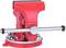 Red vice mounted on a circular rotating base, pivotable to the side. Primary tool for securing workpieces in workshops.