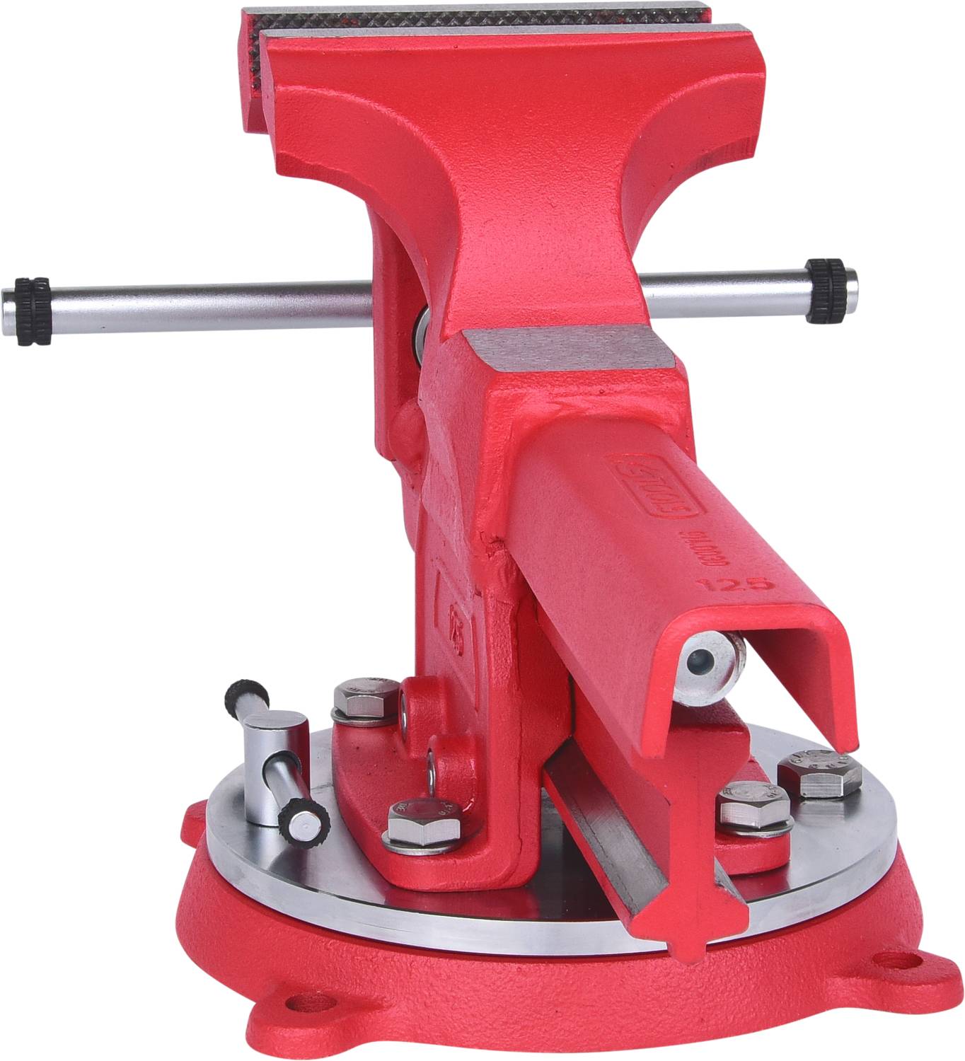 A red vice with a swivel base, used for securing workpieces during machining in workshops.