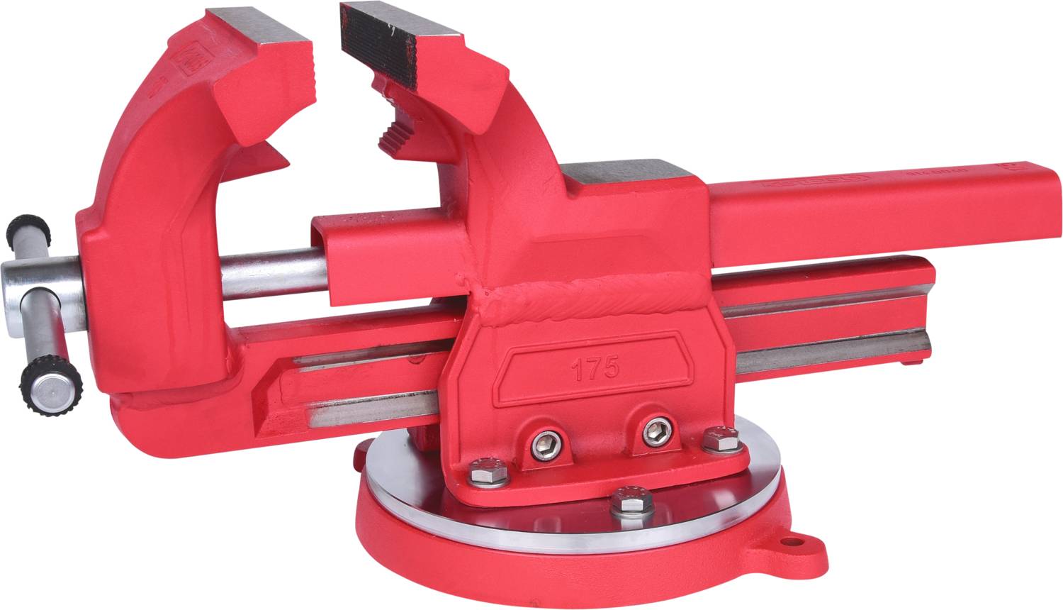 A red metal vice mounted on a circular base. It has rotatable jaws and is primarily designed for holding workpieces.