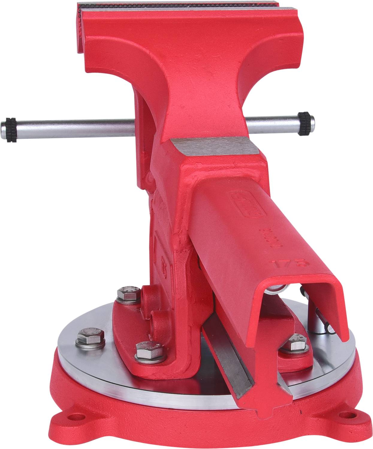 Red vice with a large flat metal handle mounted on a circular base, used for gripping and holding workpieces.