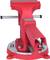 Red vice with a large flat metal handle mounted on a circular base, used for gripping and holding workpieces.