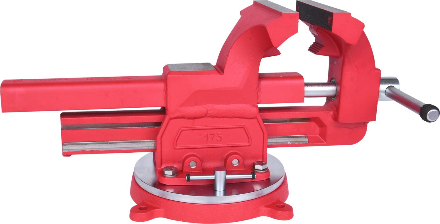 Red screw clamp with silver metal elements, mounted on a rotatable base.