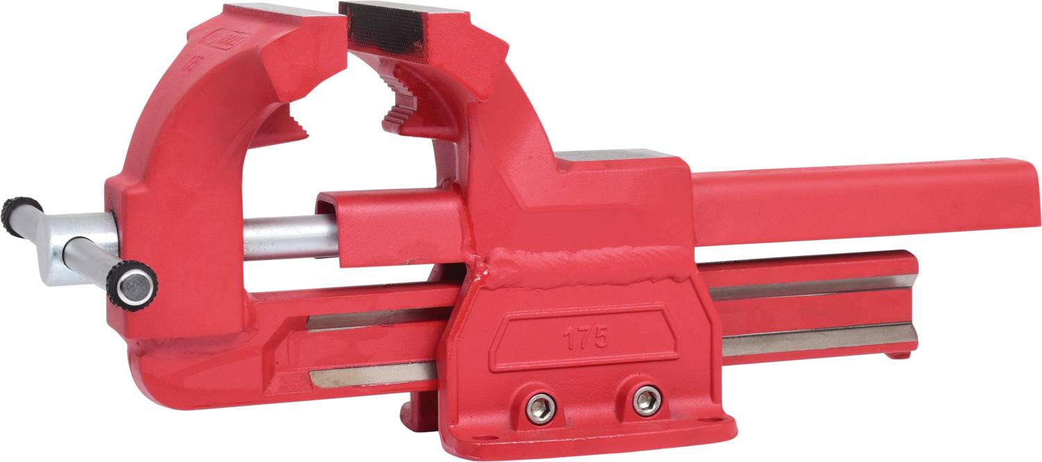 A red metal G-clamp, opened, with silver-coloured handles and screws. Primarily used for holding purposes during workpiece processing.