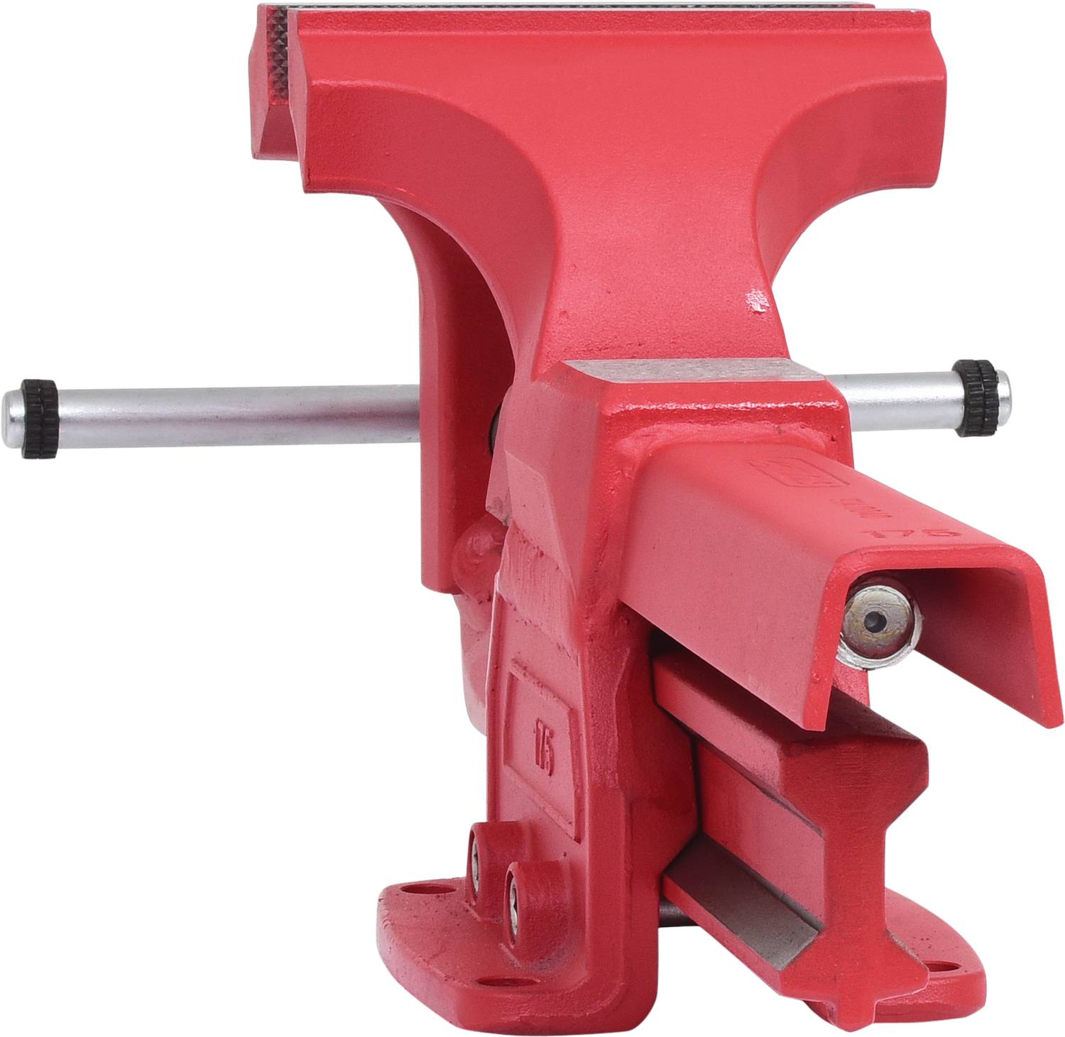 Red metal vice, front view. Suitable for firmly holding workpieces during processing in a workshop.