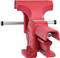 Red metal vice, front view. Suitable for firmly holding workpieces during processing in a workshop.