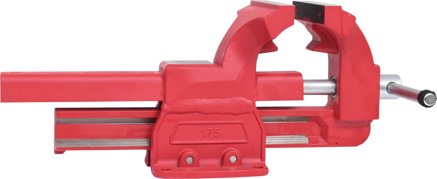 Red G-clamp with silver handle. Primary function is fixing and securing workpieces.