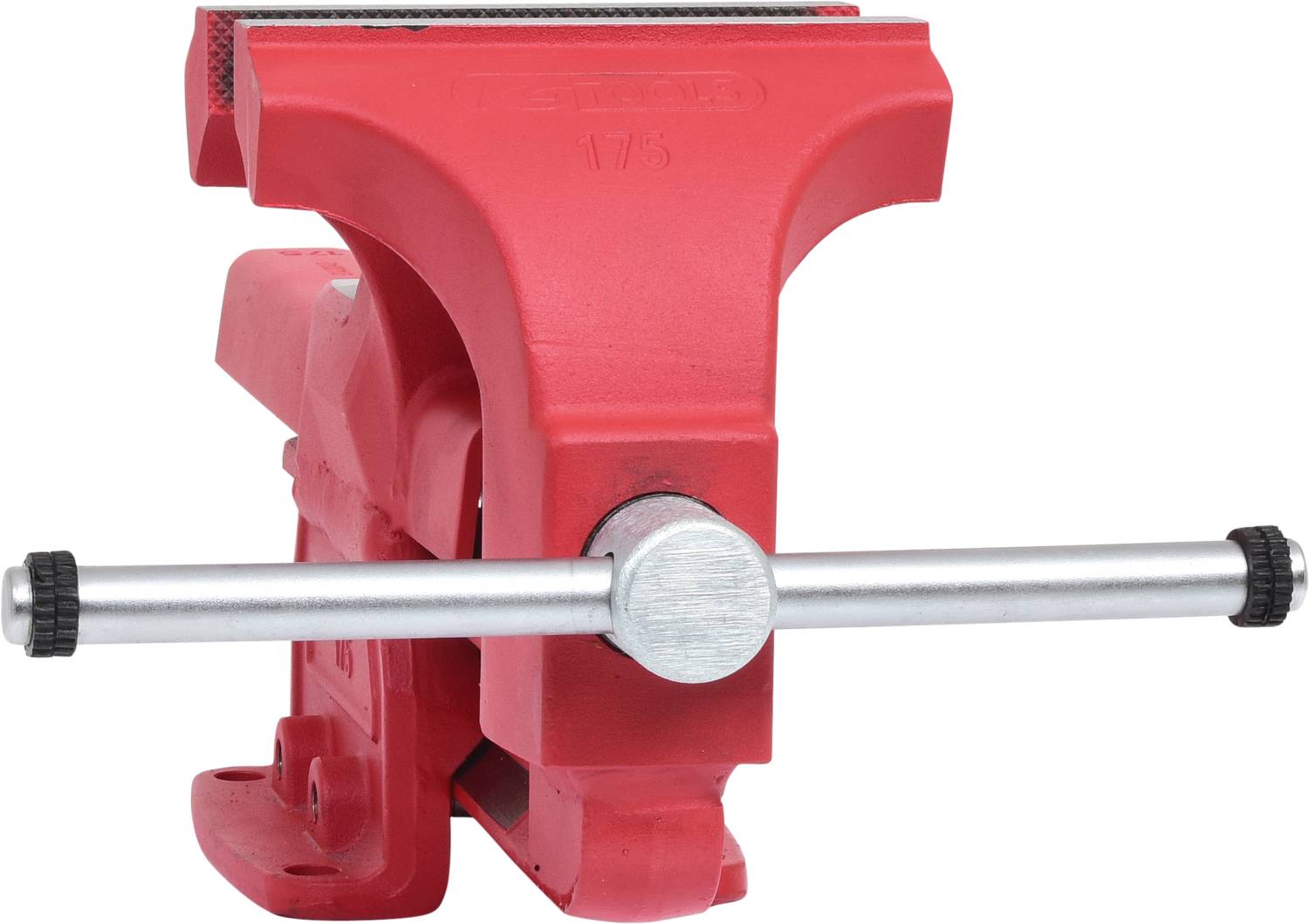 A red vice with a silver spindle for securing workpieces, suitable for workbenches and various craft tasks.