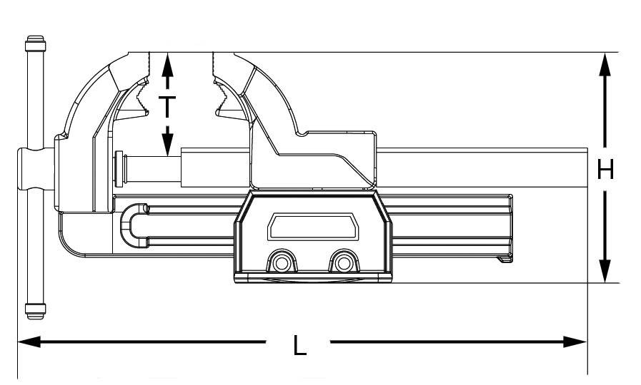 Technical drawing of a vice, showing dimensions: Height (H), Length (L), Depth (D). Tool for holding workpieces.