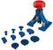 A blue height-adjustable plastic foot with a red button, surrounded by various blue adapter attachments and plates.