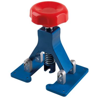 A blue height-adjustable clamping holder with a red rotary knob, mounted on a sturdy base, for industrial applications.
