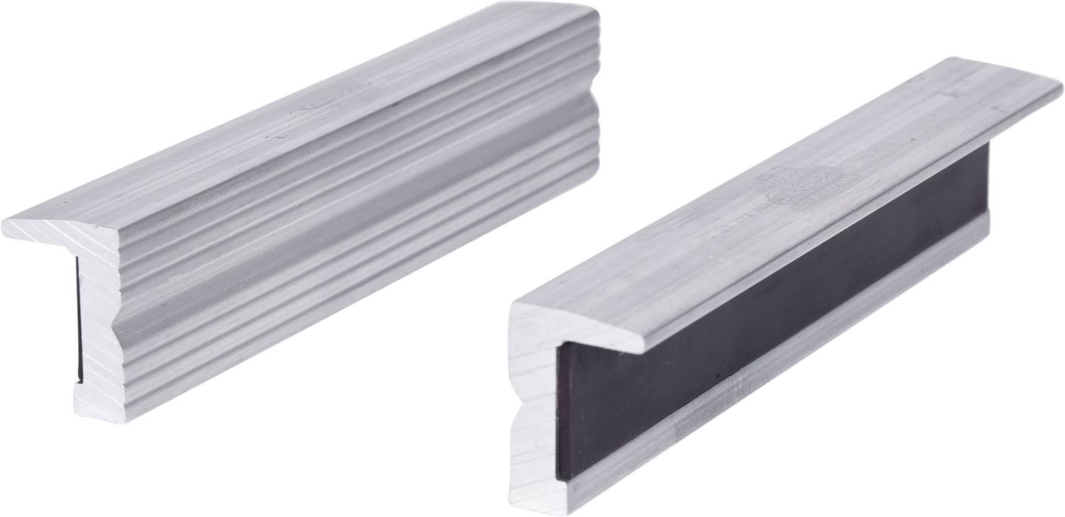 Two horizontal aluminium profiles with tongue and groove connections that can be used as mounting or fastening elements.
