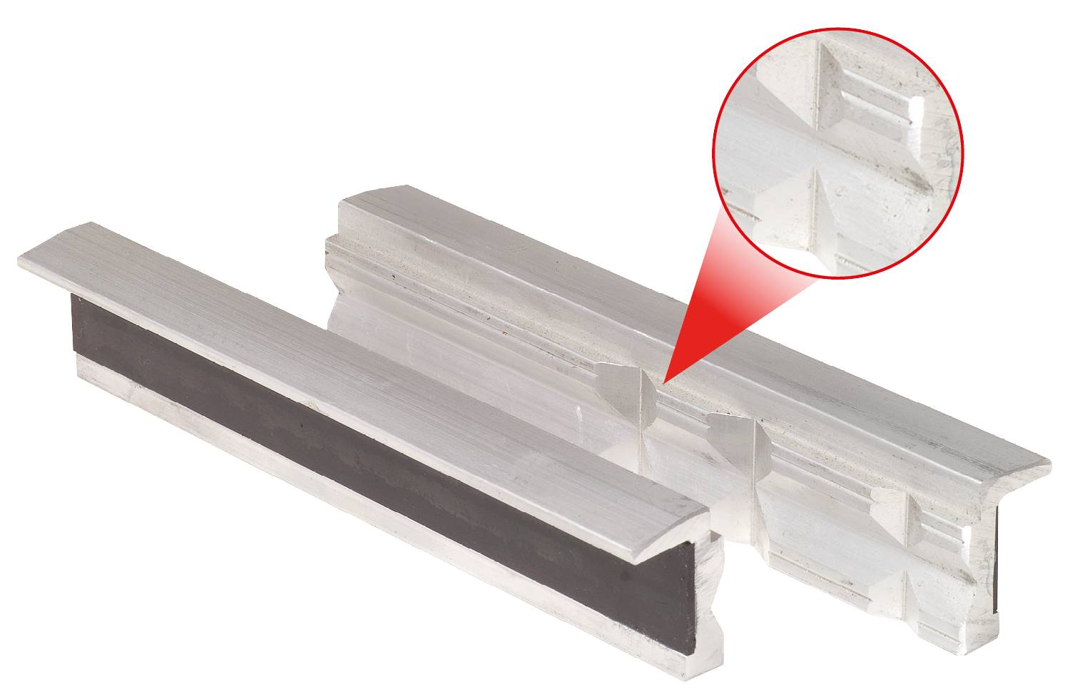 Two silver metal profiles side by side, one with a black stripe. A red circle magnifies a detail of the surface structure.