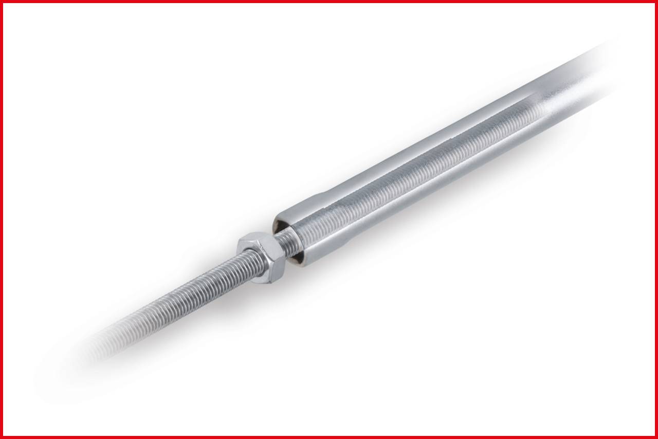 A silver, threaded cylinder with a screw at its end on a white background.