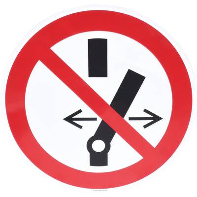 Prohibition sign with a red circle and diagonal line: Prohibition of operating a lever. Black lever illustration with arrows.