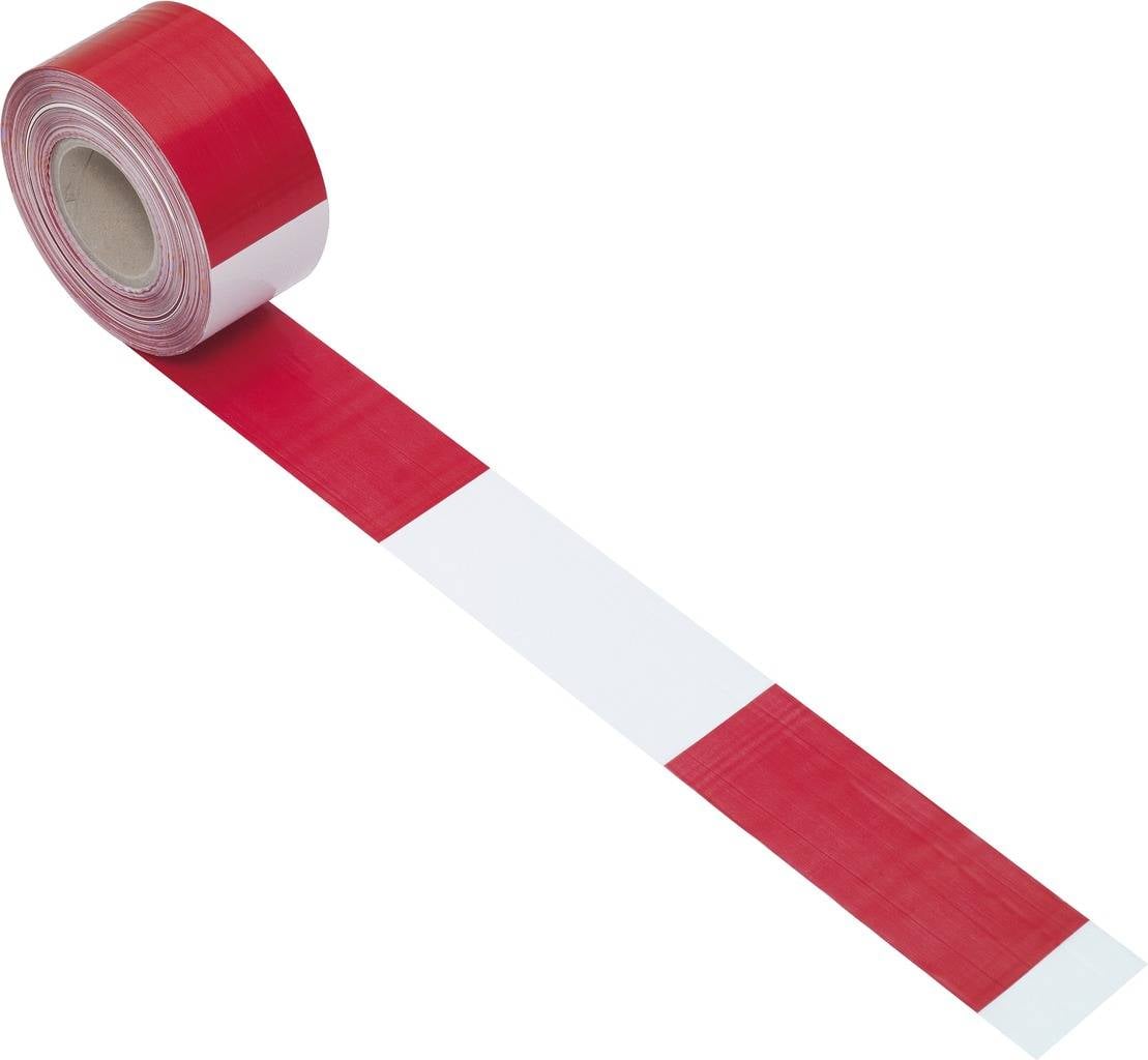 Red and white barrier tape roll, partially unrolled. Used for marking hazardous areas or securing zones.