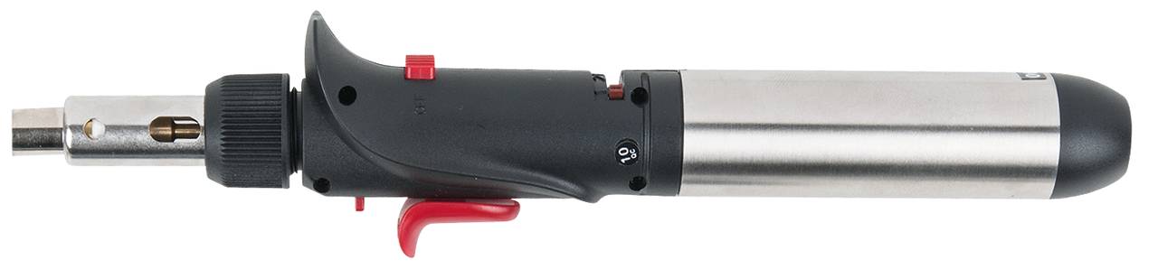 A soldering iron with a black handle, red switch and metal tip; designed for craft work.