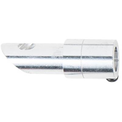 Metallic blowpipe mouthpiece in silver colour. Cylindrical shape with slightly flattened end.