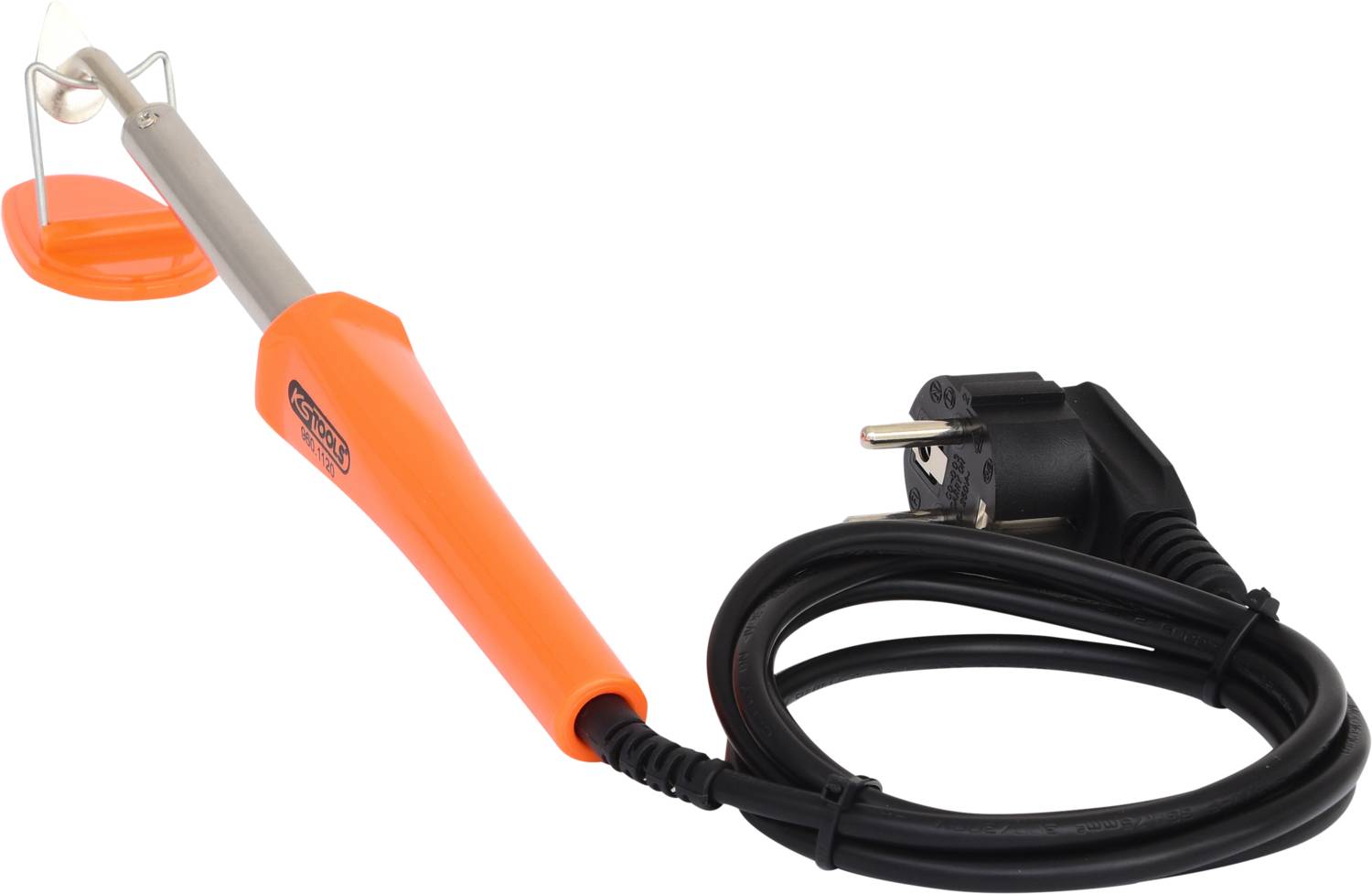 Soldering iron with an orange handle and black cable, suitable for soldering electronic components.