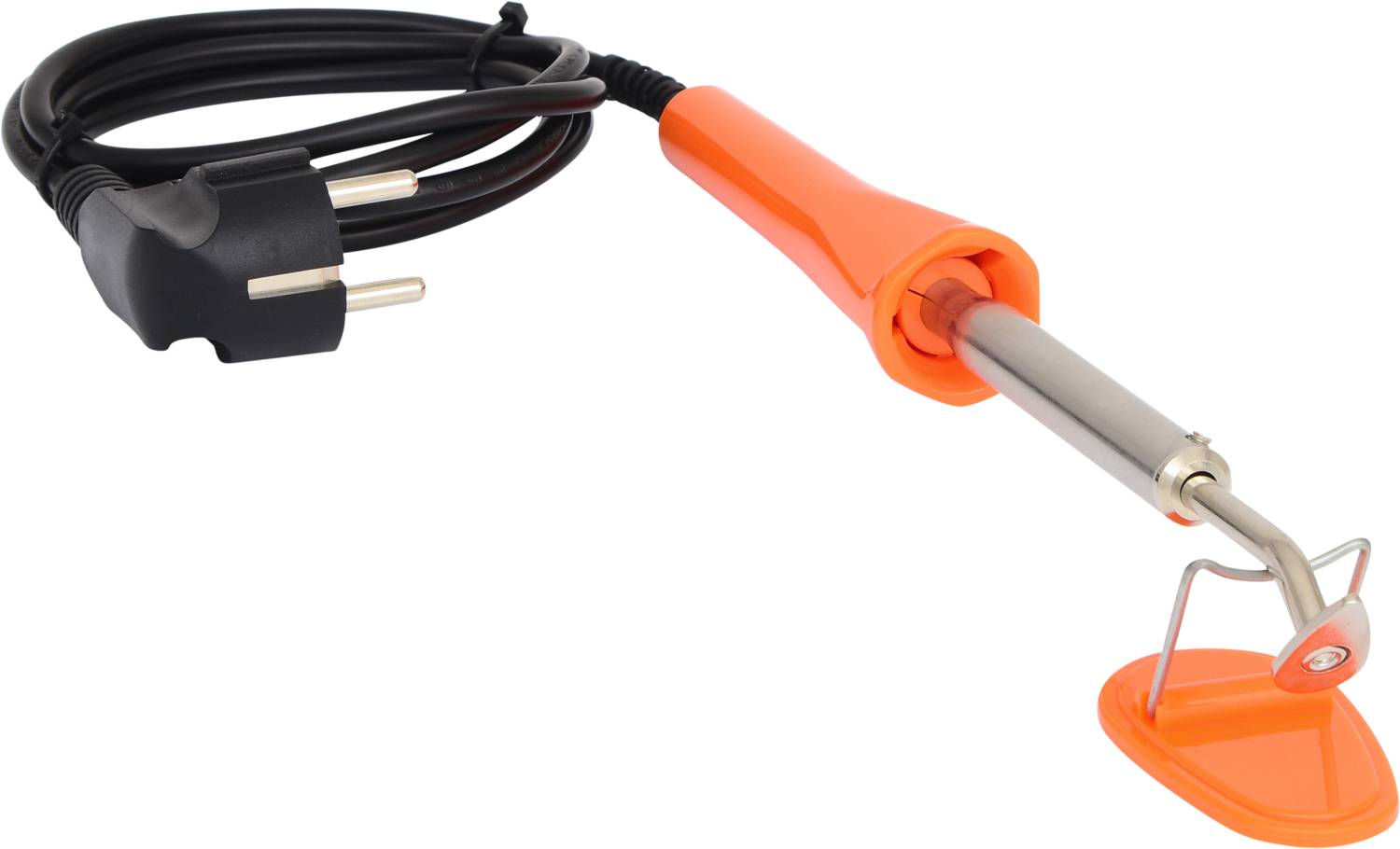An electric soldering iron with an orange handle and stand. Suitable for soldering electronic components.