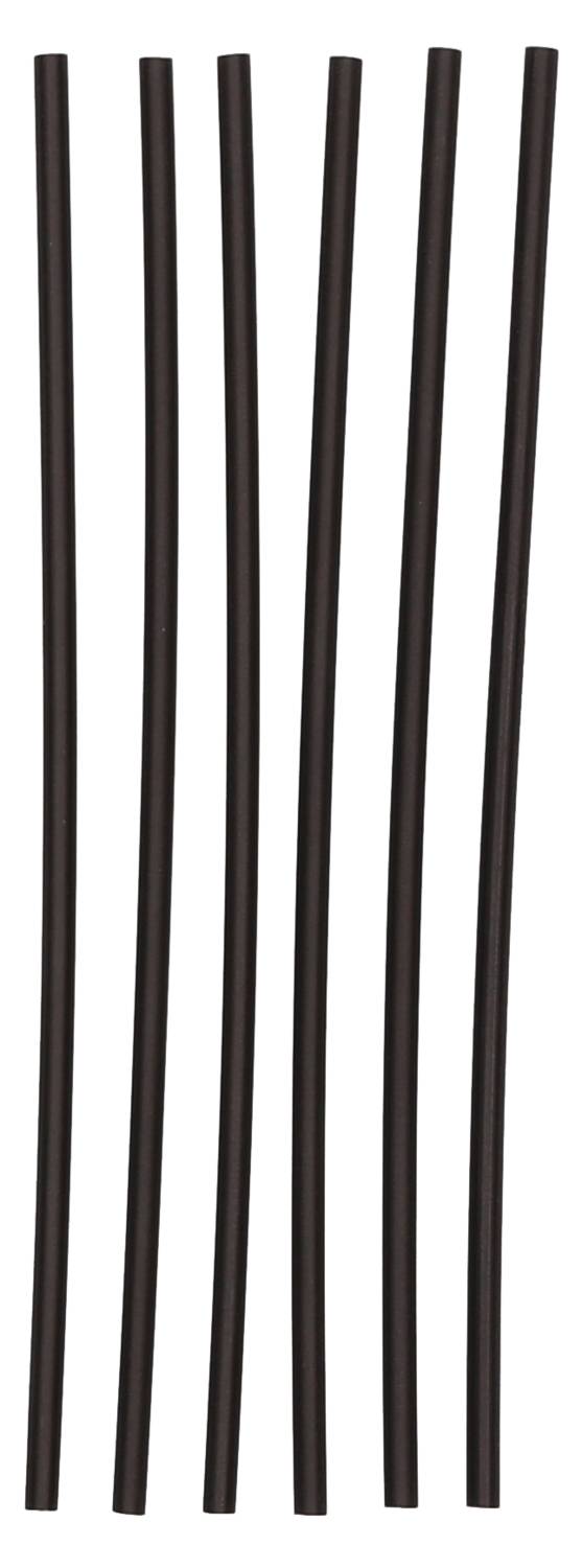 Six black, elongated objects, arranged parallel and vertically against a white background.