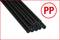 Black bars of polypropylene (PP) lie side by side. A red circle with 'PP' marks the material.