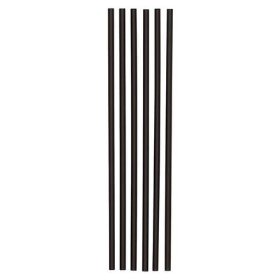 Six black drinking straws are arranged vertically side by side against a white background.